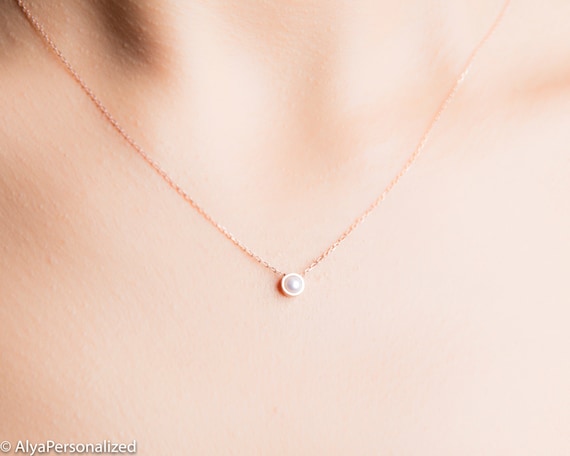 14K Rose Gold Pearl Necklace Single Pearl Necklace Delicate