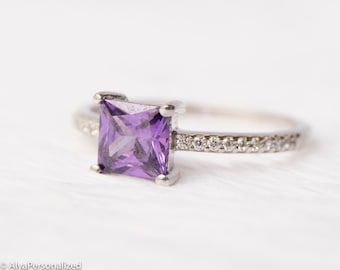 Custom Birthstone Ring - Amethyst Ring - Princess Cut Ring - Silver Birthstone Ring - Birthstone Jewelry - Silver Engagement Ring