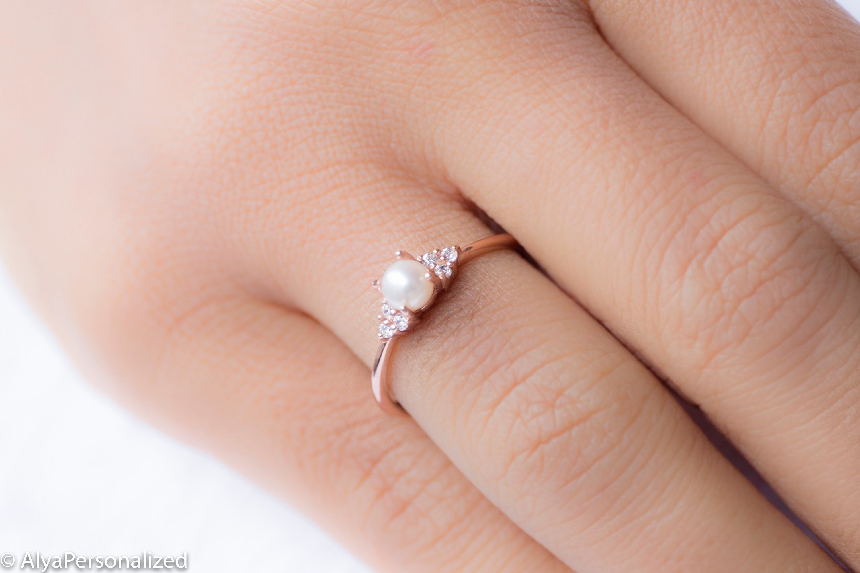 Pearl and Diamond Engagement Ring Dainty Rose Gold Ring