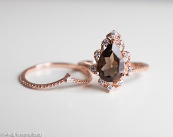 Rose Gold Engagement Ring Set, Wedding Ring Set - Vintage Style Engagement Ring, Unique Engagement Ring, Smoky Quartz Ring, Womens Rings