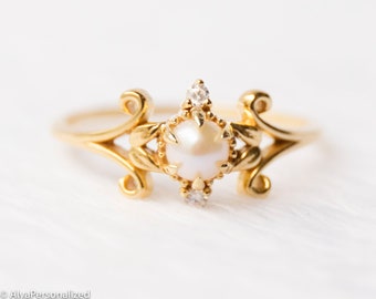14k Gold Unique Engagement Ring, Vintage Engagement Ring, Pearl Diamond Antique Engagement Ring, Promise Ring, Engagement Rings For Women