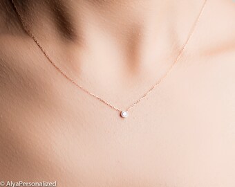 Simple Diamond Necklace Minimalist Necklace 14K Rose Gold Diamond