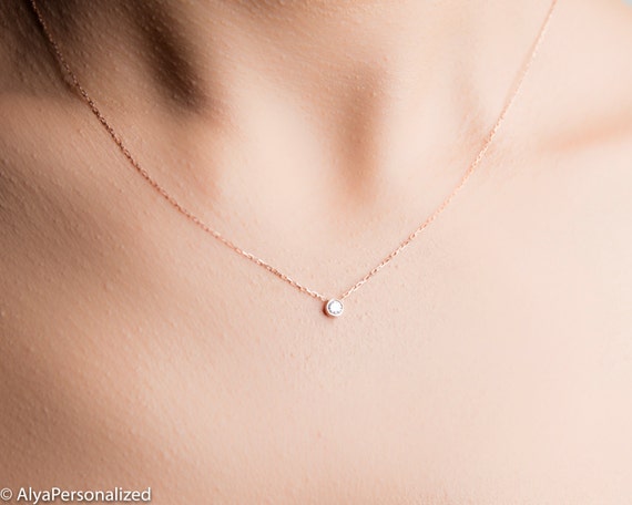Simple Diamond Necklace Minimalist Necklace 14K Rose Gold Diamond Necklace  Delicate Necklace Solitaire Necklace Round Cut - Etsy