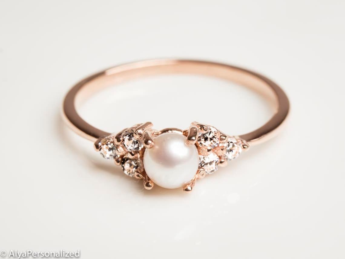 14k Rose Gold Engagement Ring Pearl Engagement Ring image 1