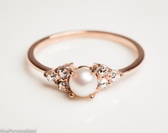 14k Rose Gold Engagement Ring - Pearl Engagement Ring - Diamond Engagement Ring - Dainty Ring - Pearl Jewelry - 14k Gold Ring - Pearl Ring