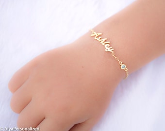 14k Gold Custom Name Bracelet with Birthstone for New Baby or Kids or Adults, Personalized Baby Shower gift, Bracelets for Women