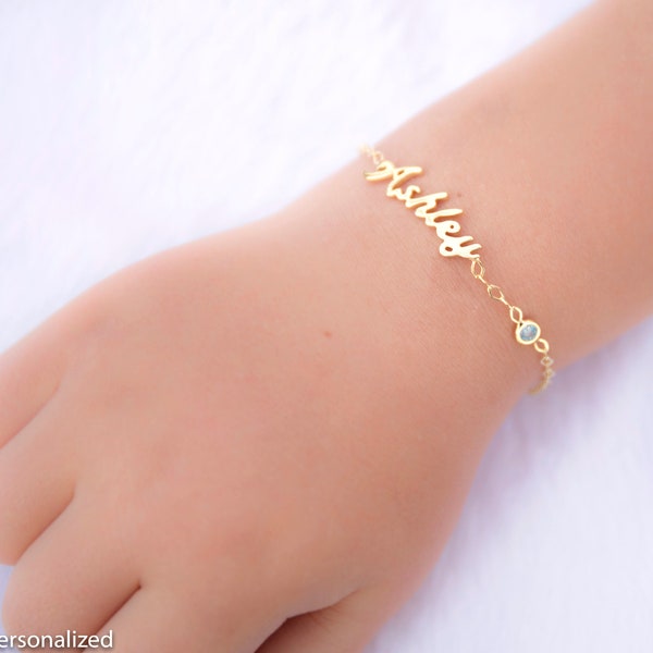 Pulsera con nombre personalizado de oro de 14k con piedra de nacimiento para recién nacidos, niños o adultos, regalo personalizado de baby shower, pulseras para mujeres