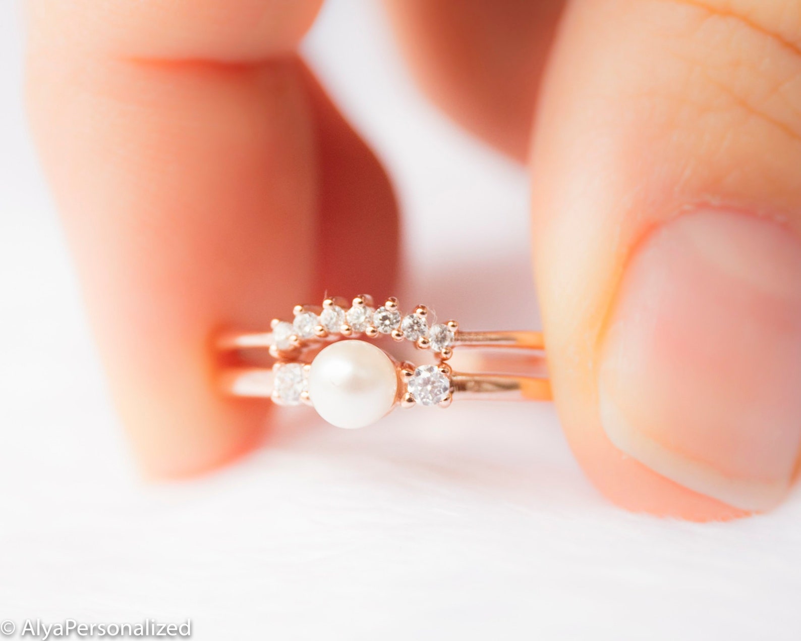 Minimalist Pearl Engagement Ring and Matching Wedding Band - Etsy