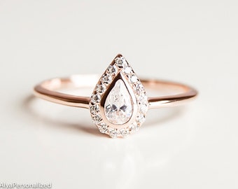 Pear Cut Engagement Ring - Unique Engagement Ring - Halo Engagement Ring - Pear Diamond Engagement Ring - Rose Gold Engagement Ring