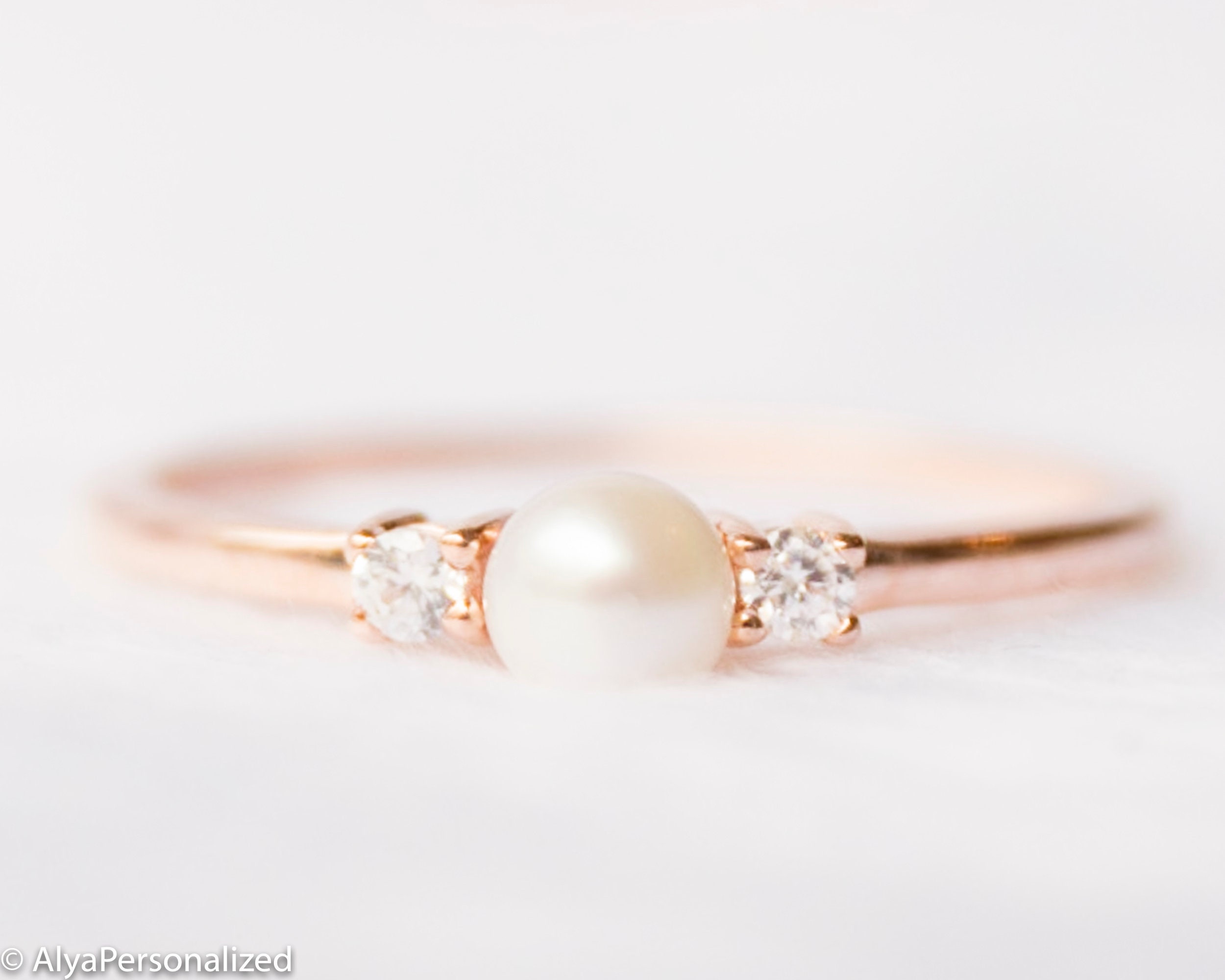 Minimalist Pearl Engagement Ring and Matching Wedding Band | Etsy
