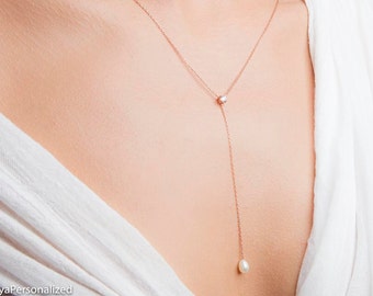 Rose Gold Lariat Necklace - Y Necklace - Rose Gold Pearl Necklace - Pearl Jewelry - Long Necklace - Drop Necklace