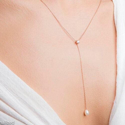 Rose Gold Lariat Necklace Y Necklace Rose Gold Pearl Etsy