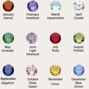 May include: A chart showing the birthstones for each month of the year. The chart features a circle with a gemstone for each month, with the name of the gemstone and month below each circle. The gemstones are: Garnet, Amethyst, Aquamarine, Crystal, Emerald, Light Amethyst, Ruby, Peridot, Sapphire, Rose Quartz, Citrine, and Blue Zircon.