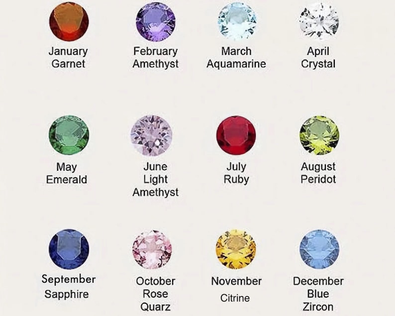 May include: A chart showing the birthstones for each month of the year. The chart features a circle with a gemstone for each month, with the name of the gemstone and month below each circle. The gemstones are: Garnet, Amethyst, Aquamarine, Crystal, Emerald, Light Amethyst, Ruby, Peridot, Sapphire, Rose Quartz, Citrine, and Blue Zircon.