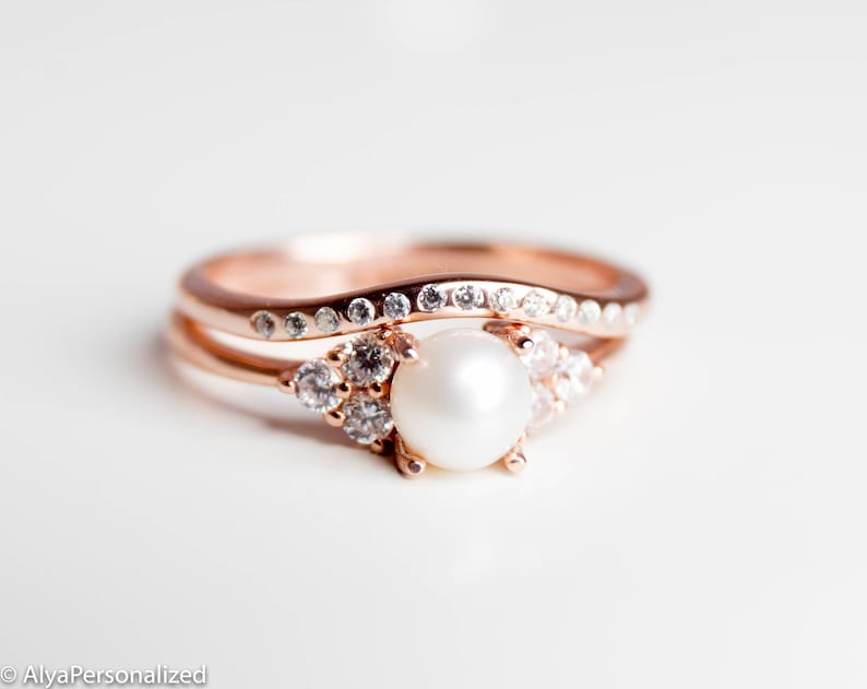 14k Rose Gold Engagement Ring Pearl Engagement Ring Diamond Engagement Ring Dainty Ring Pearl Jewelry 14k Gold Ring Pearl Ring image 2