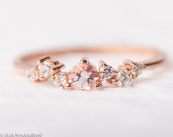 14k Solid Rose Gold Morganite and Diamond Engagement Ring, Dainty Gemstone Ring, Unique Engagement Rings for Women