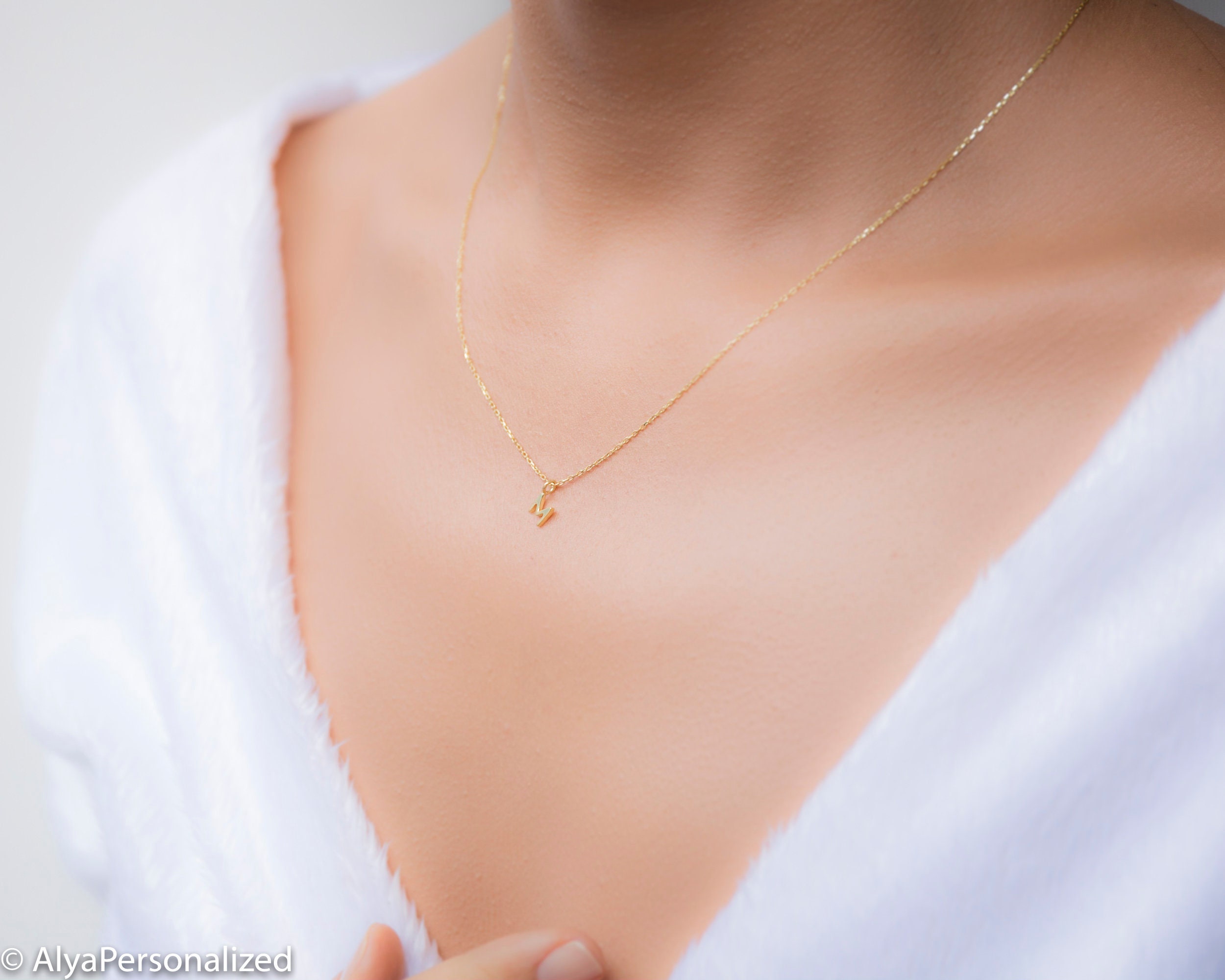 Dainty Necklace Tiny 14k Gold Initial Necklace Etsy