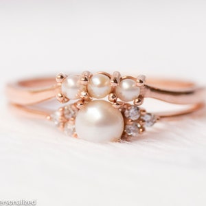 Pearl and Diamond Engagement Ring, Dainty Rose Gold Ring, Engagement ...