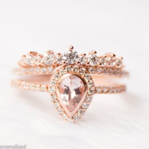 Rose Gold Morganite Diamond Engagement Ring Set, Wedding Ring Set, Wedding Rings Women, Engagement Rings for Women, Gemstone Ring