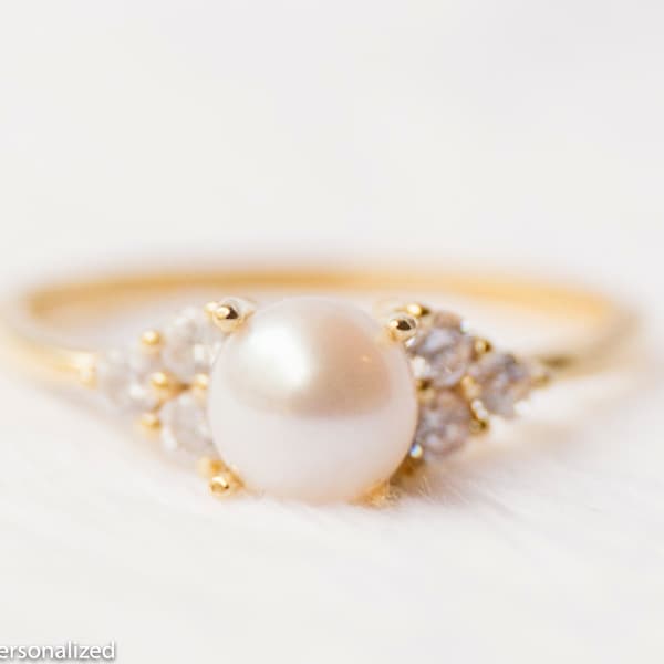 Anel de noivado em ouro rosa 14k - Anel de noivado de pérola - Anel de noivado de diamante - Anel delicado - Joias de pérola - Anel de ouro 14k - Anel de pérola
