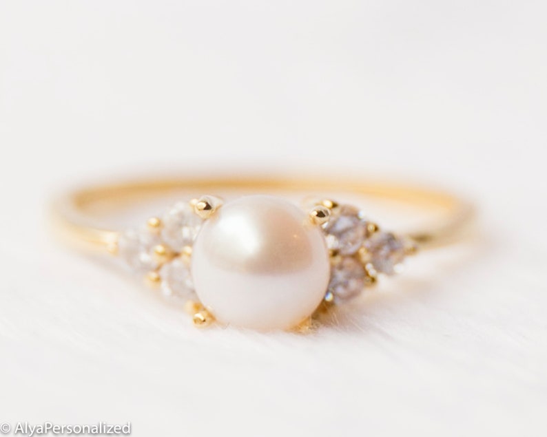 14k Rose Gold Engagement Ring Pearl Engagement Ring Diamond Engagement Ring Dainty Ring Pearl Jewelry 14k Gold Ring Pearl Ring image 9