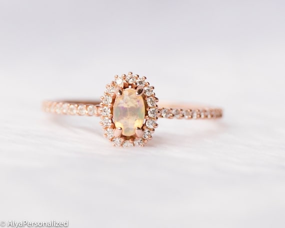 14k Rose Gold Opal Diamond Halo Engagement Ring, Jewelry Handmade, Antique Vintage Style Engagement rings for Women,Promise Anniversary Ring