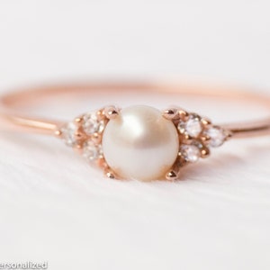 Pearl and Diamond Engagement Ring, Dainty Rose Gold Ring, Engagement ...