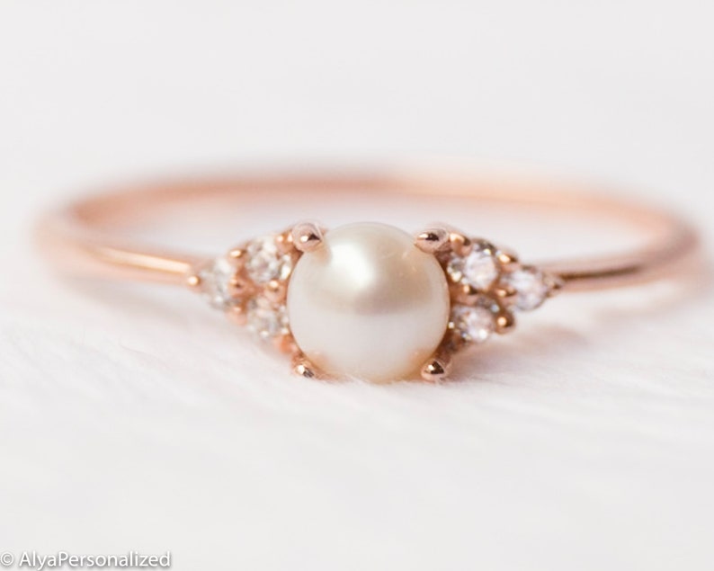 Pearl and Diamond Engagement Ring Dainty Rose Gold Ring - Etsy