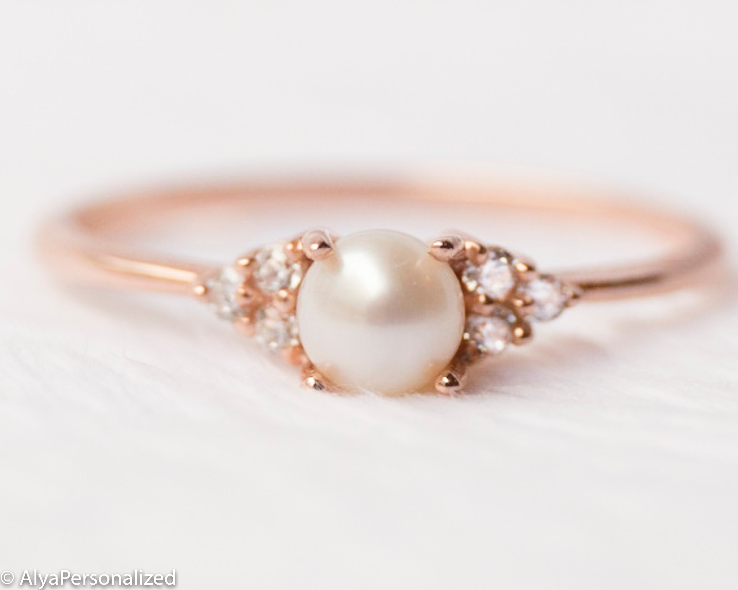 14k Rose Gold Engagement Ring Pearl Engagement Ring Dainty Etsy