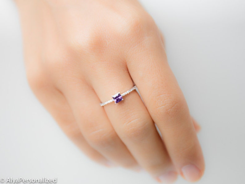 Custom Birthstone Ring Amethyst Ring Princess Cut Ring Silver Birthstone Ring Birthstone Jewelry Silver Engagement Ring image 1