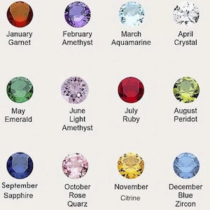 Puede incluir: Un gr&aacute;fico que muestra las piedras de nacimiento para cada mes del a&ntilde;o. El gr&aacute;fico presenta un c&iacute;rculo con una piedra preciosa para cada mes, con el nombre de la piedra preciosa y el mes debajo de cada c&iacute;rculo. Las piedras preciosas son: Granate, Amatista, Aguamarina, Cristal, Esmeralda, Amatista clara, Rub&iacute;, Peridoto, Zafiro, Cuarzo rosa, Citrino y Circonio azul.