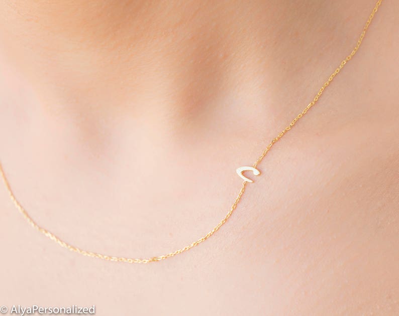 Tiny Initial Necklace Gold Sideways Initial Necklace Etsy