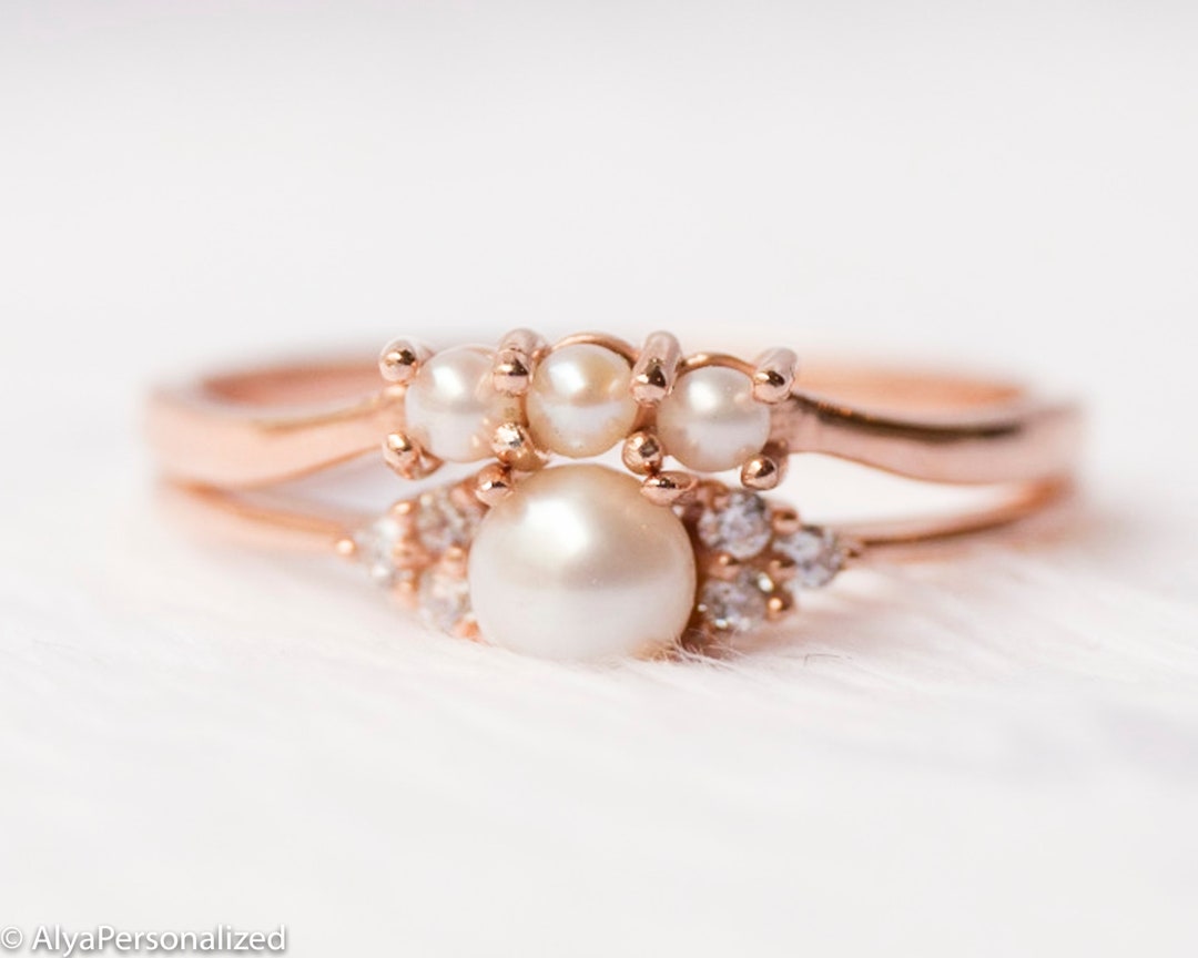 Art Deco Engagement Ring Set Wedding Ring Set Rose Gold Pearl - Etsy