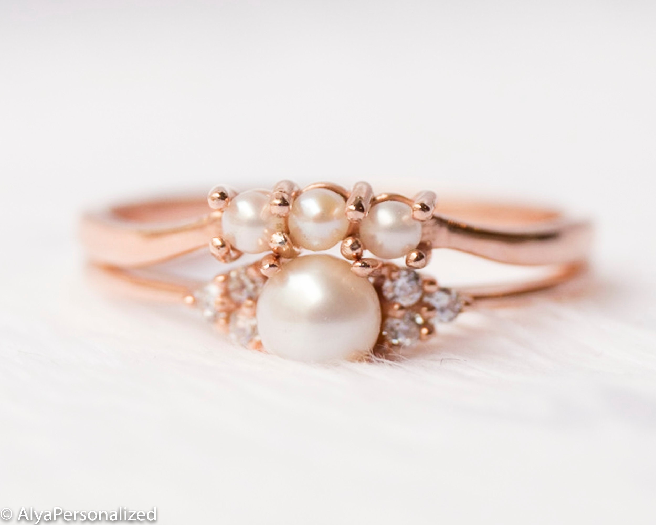 Art Deco Engagement Ring Set Wedding Ring Set Rose Gold Pearl | Etsy