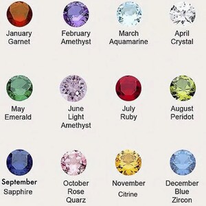 May include: A chart showing the birthstones for each month of the year. The chart features a circle with a gemstone for each month, with the name of the gemstone and month below each circle. The gemstones are: Garnet, Amethyst, Aquamarine, Crystal, Emerald, Light Amethyst, Ruby, Peridot, Sapphire, Rose Quartz, Citrine, and Blue Zircon.