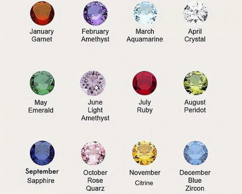 May include: A chart showing the birthstones for each month of the year. The chart features a circle with a gemstone for each month, with the name of the gemstone and month below each circle. The gemstones are: Garnet, Amethyst, Aquamarine, Crystal, Emerald, Light Amethyst, Ruby, Peridot, Sapphire, Rose Quartz, Citrine, and Blue Zircon.