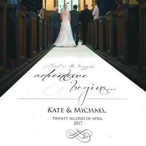 The Adventure Begins Personalised Wedding Aisle Runner. Simply Beautiful Ceremony Carpet Decoration.