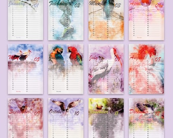Birds birthday calendar PRINTABLE US LETTER, perpetual calendar, perpetual birthday calendar, birds calendar, gift bird lover, bird calendar