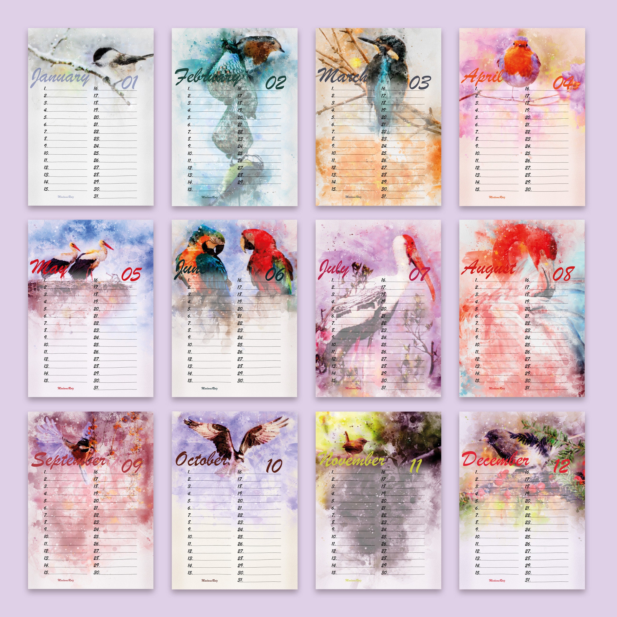 Birds Birthday Calendar PRINTABLE A3 A4 A5, Perpetual Calendar ...