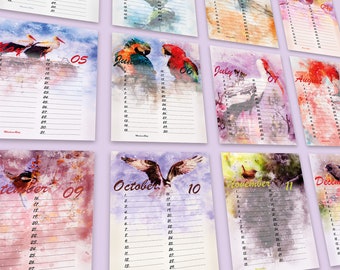 Birds birthday calendar PRINTABLE A3 A4 A5, perpetual calendar, perpetual birthday calendar, birds calendar, gift  bird lover, bird calendar