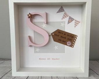 New Baby Girl Boy Personalised Gift Nursery Frame | Letter Initial Name | Christening Wall Decor Art Bedroom Unique Newborn Keepsake Picture