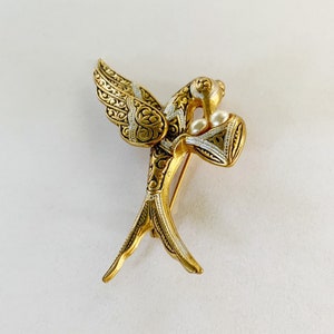Vintage Damascene Bird Themed Brooch, Marked Spain, Gold and Faux Pearl