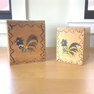 Vintage Wooden Woodpecker Ware Kitchen Canisters, Set of Two, Rooster Motif