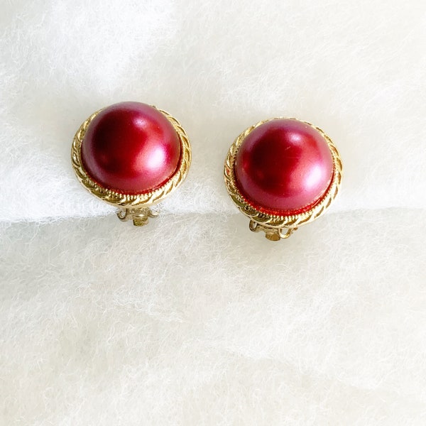 Vintage Button Clip On Earrings, Burgundy and Gold Tone, Mid Century Costume Jewelry