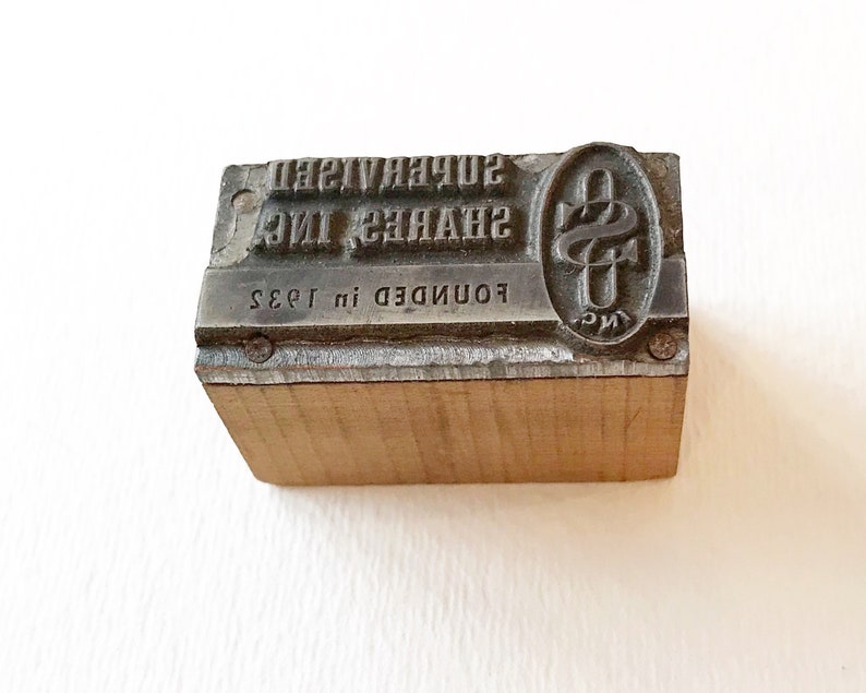 Supervised Shares Inc. Vintage Letterpress Advertising Block Free Shipping Metal On Wood 1x0.75inch