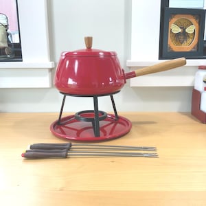 Vintage Red Enamel Fondue Set with Forks