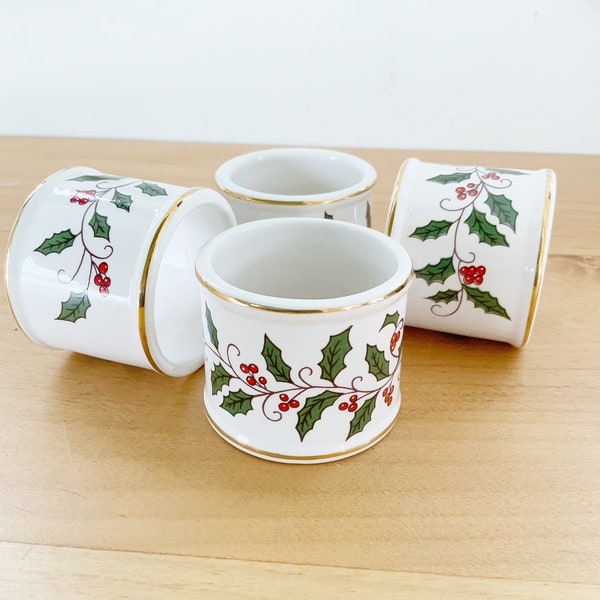 Vintage Ceramic Christmas Rings, set of 4, Holly Design