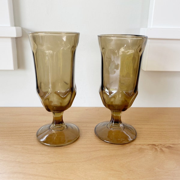 Vintage Brown Champagne Flutes, Set of 2, Mid Century Barware, Glass