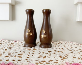 Vintage Classic Teak and Gold Tone Mid Century Salt and Pepper Shakers with Praying hands.