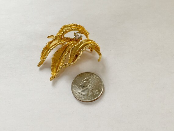 Vintage Rhinestone Leaf Brooch, Gold Tone, Mid Ce… - image 3